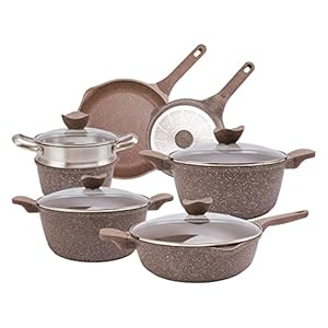 Country Kitchen Nonstick Induction Cookware Sets – 11 Piece Cast Aluminum Pots and Pans with BAKELITE Handles , Glass Lids -Chocolate Brown