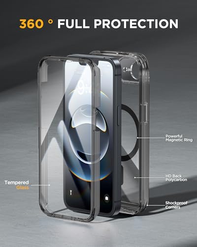 Image of Miracase for iPhone 17e Case & iPhone 16e Case, Full-Body Phone with Built-in Glass Screen Protector, [Magnetic with MagSafe] Military Drop Proof 17 E / 16 E Cover, Clear Black