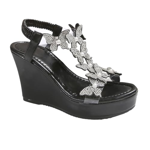 Genérico Sandalias Plataforma Mujer Zapatos Ortopedicos Zapatos de Mujer de Europa Y Unidos,Sandalias Verano Una Sola Palabra con Plana Y Flores,Doradas (Black,38)