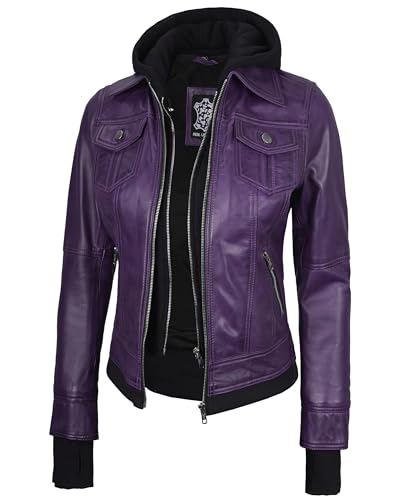 Image of Womens Leather Jacket with Detachable Hood - Real Lambskin Bomber Jacket Thumbholes Women