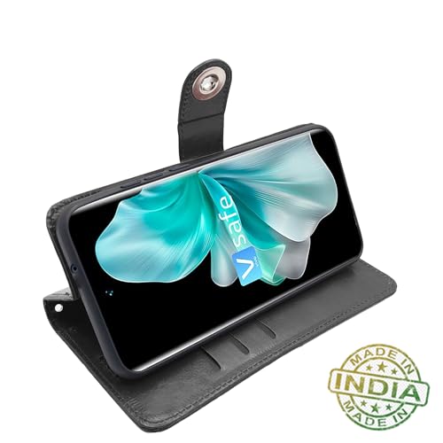 Image of Pikkme Vivo V30 5G Flip Cover Leather Finish | Inside TPU with Card Pockets | Wallet Stand and Shock Proof | Complete Protection Button Flip Case (Black)