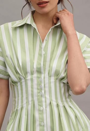 Women’s Button Front Down Pleated Shirt Dress Summer Casual Striped Short Sleeve Blouse Mini Dresses3