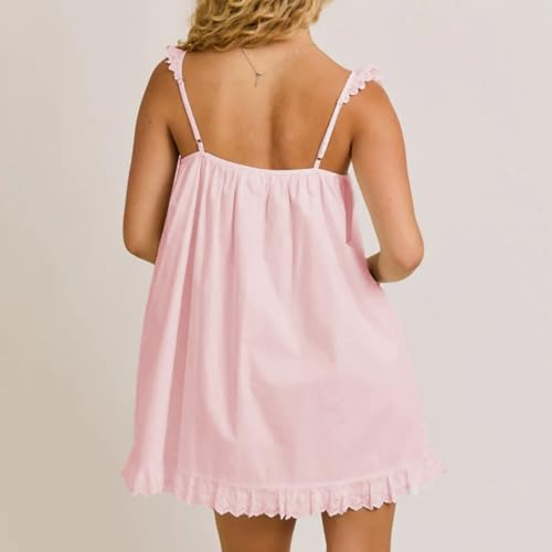 Image of Women Y2K Babydoll Mini Dress Cute Bow Lace Trim Pleated Ruffle Short Sundress Casual Party Vacation One Pieces