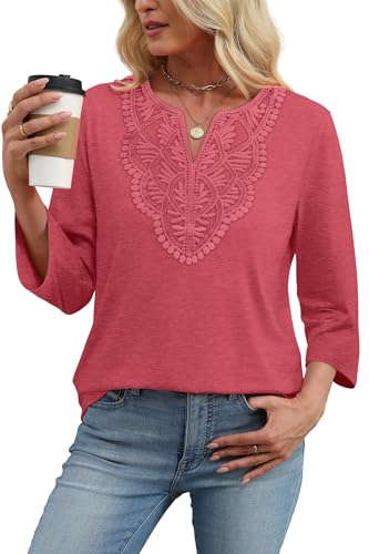 Image of WIHOLL 3 /4 Length Sleeve Womens Tops Boho V Neck Lace Shirt Trendy Blouses Dressy Casual Vacation Clothes S-3XL