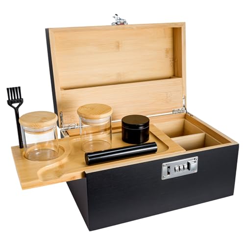 Bamboo Storage Box with Lock Removable Divider Organizer Stash Box Black