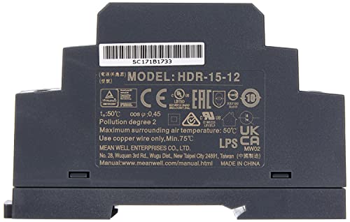 Hutschienen-Netzteil, 15 W, 12 V, 1,25 A; MeanWell HDR-15-12; DIN-Schienen-Transformator.
