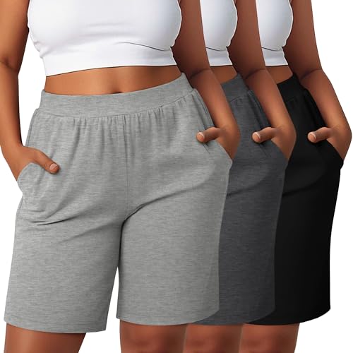 Sweetyweee 3 Pack Women's Plus Size Bermuda Shorts, High Waisted Elastic Bermuda Active Summer Shorts with Pockets(Black, Dark Gray, Light Gray,XX-Large)