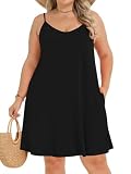 JOELLYUS Women Plus Size Summer Spaghetti Strap Beach Dresses, Black,3XL