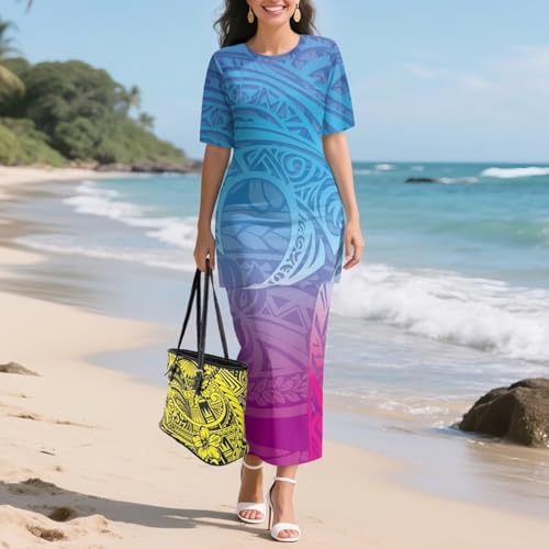 Image of Puletasi Samoan Traditional 2 Piece Outfits for Women Short Sleeve Crop Top and Maxi Skirt Sets Puletasi Dress