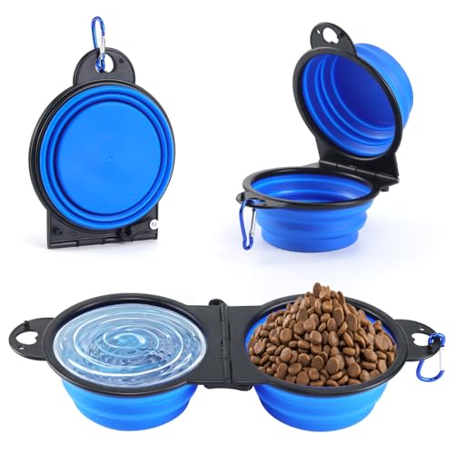 Qcdou Ciotola per Cani Portatile, Ciotole per Cani 2 in 1, Ciotola Pieghevole per con Moschettone da Alpinismo, per Gatti e Animali Domestici (Blu-B)