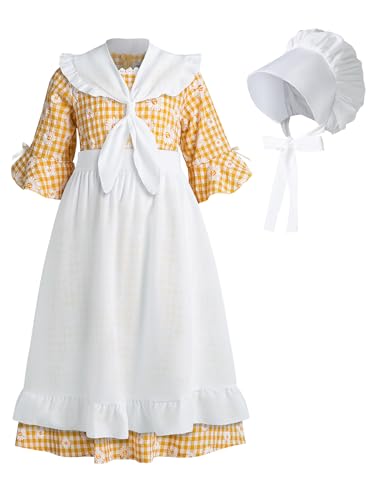 RAINDEWLL Prairie Dress Girls Pioneer Dresses for Girls Mid Sleeves Laura Ingalls Colonial Costume Yellow 11-12Y
