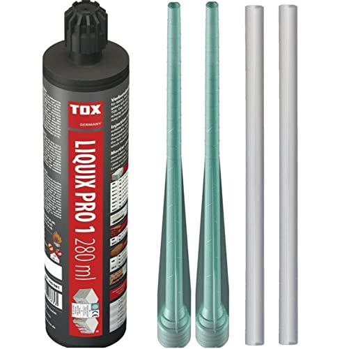 Tox Liquix Pro 280 ml | 2K Injektionsmörtel | Verbundmörtel | Chemiedübel Beton & Mauerwerk2x Mischer | Schwerlastbefestigung | Montagemörtel Klebeanker (1x 280ml) +2x Statikmischer+ 2x Verlängerungen Cover