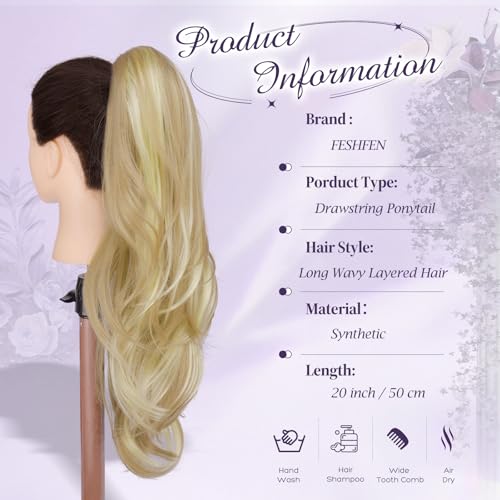 FESHFEN Drawstring Ponytail Extension, Natural Long Wavy Layered Synthetic Pony Tails Dirty Blonde Hair Extensions Hairpieces for Women, 20 inch by FESHFEN - Image 5