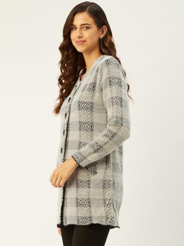 Image of Pivl Acrylic Blend Women Grey Button Closure Long V-Neck Sweater for Winter Large