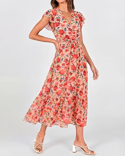 Image of BTFBM Women Summer Bohemian Floral Casual Wrap V Neck Ruffle Cap Sleeveless Belt A-Line Pleated Hem Midi Sun Dress White