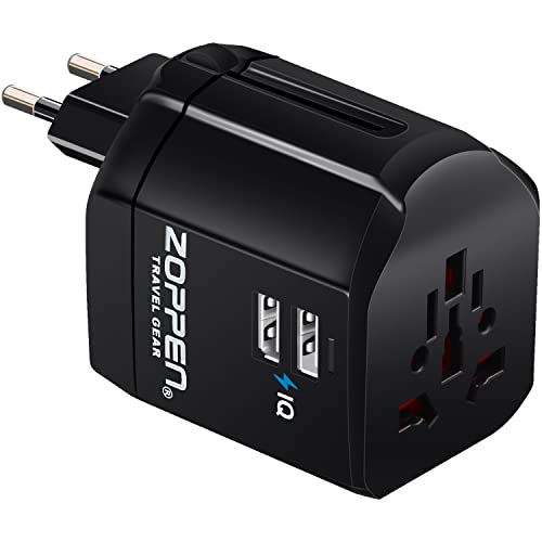 Zoppen Universal Travel Adapter Worldwide, All in one Internationl Plug Adapter, Dual USB Wall Charger AC Outlet Plug Power Adapter Surge Protector for Europe, UK, AU, Black 