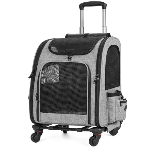 OUUTMEE Haustiertragetasche, abnehmbare Tragetasche mit Rädern, ideal für Katzen und kleine Hunde, Multifunktionaler Rucksack 4-Wege-Handtasche Atmungsaktiv (Grau)