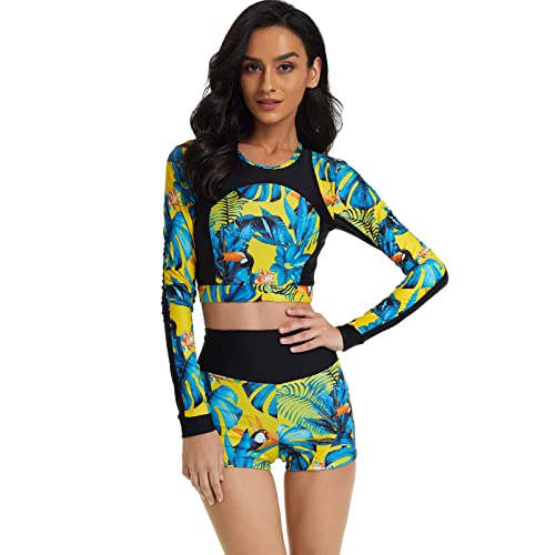 Traje De Baño De Dos Piezas para Mujer Rash Guard Trajes De Baño De Manga Larga Camisa Traje De Baño con Parte Inferior De Boyleg Traje De Baño Atlético,Amarillo,L Cover