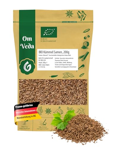 BIO Kümmel Samen 200g | Ganze Kümmelsamen für Kochen Backen Brotgewürz Kümmeltee | Premium Bio Kümmel ohne Zusatzstoffe | Vegan glutenfrei | kümmel für herzhafte Rezepte & Teemischungen | OmVeda