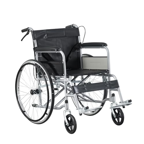 BSTSEL Folding Wheelchair Self Propelled Travel Transit Mobility Aid with Adjustable Footrests with Handbrakes Self Parking Brake Indoor Outdoor Use 18“ Wide Seat (Silver Frame)