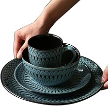 POCHY Conjunto de louças de serviço de mesa, conjunto de louça vintage em grés verde, conjunto de pratos de jantar de 16 peças com pratos de salada, pratos de jantar, tigelas e canecas