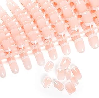 LIARTY 240 Pcs 12 Sizes Natural French False Nails with Glue Stickers, Acrylic Full Cover Short Fake Nails Tips Press on Nails for Girls Women