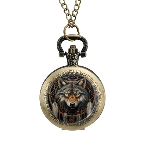 Native Indian Wolf Vintage Pocket Watch with Chain Numerals Scale Christmas Graduation Birthday Gifts Valentine's Day Coppery-Style