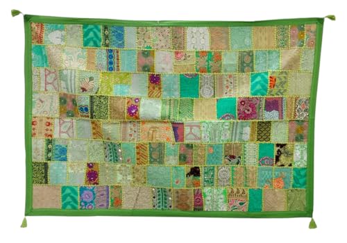 Image of Ekam Art Rajasthani Handmade Embroidery Cotton Patchwork Tapestry Cotton Wall Decor Hanging Beaded Tapestries 40 x 60 Inch (Light Green)