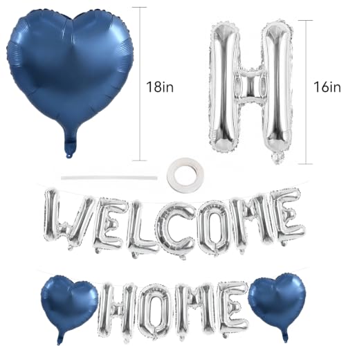 Image of TONIFUL 16 Inch Silver WELCOME HOME Foil Letter Balloons with 2pcs Dusty Blue Heart Balloons for New Home Housewarming, Military Homecoming, Retirement, Welcome Back Party Decorations