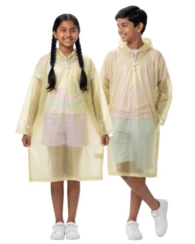 Image of Destinio Raincoat for Kids 6-12 Years, Waterproof Poncho for Kids, Thick PVC Knee Length Raincoat for Boys, Full Sleeve, Hood with Drawstring, Reusable Rain Coat for Girls, School Children