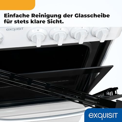 Exquisit Elektro-Standherd | 48 l Garraum, Energieklasse A, 1800 W Ofenleistung | Ober- und Unterhitze, Kochfeld mit vier Kochstellen, Innenbeleuchtung, Drehknopfbedienung, freistehend | EH 9.3-9