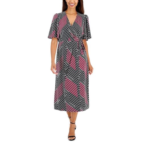Image of Anne Klein Women's Flutter Sleeve Printed Satin Faux Wrap Dress