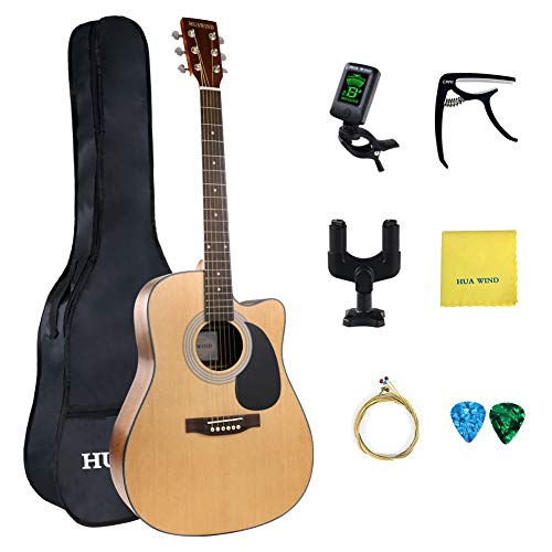Acoustic Guitar, HUAWIND 41 inch Full-size Cutaway Acoustic Guitar Bundle Beginner Kit w/Gig Bag Capo Strings Polishing Cloth Picks Tuner Wall Mount