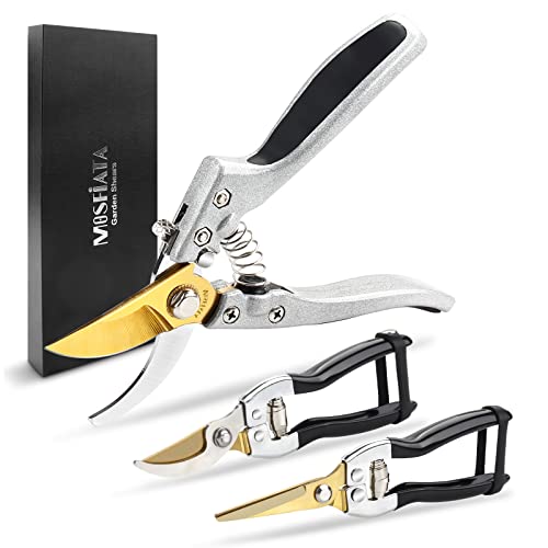 MOSFiATA Garden Pruning Shears 3 Pack, Golden Titanium Coating Blades Pruning Shears, Professional Sharp Stainless Steel Garden Trimming Scissors Kit, Pruners Clippers with Aluminum Alloy Handle