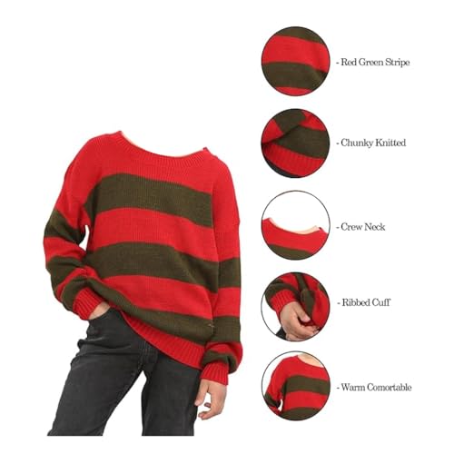LUXE DIVA Kids Unisex Freddy Halloween Horror Costume Party Red Green Stripe Knitted Sweater - Boys Girl Long Sleeve Pullover Winter Sweatshirt (UK, Age, 13 Years, Regular, Red & Green) - Image 4