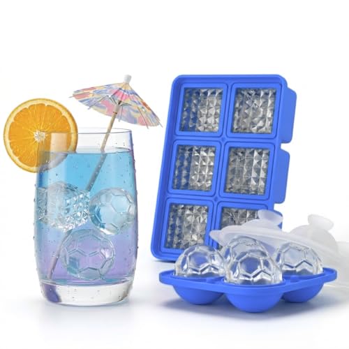 Image of Premium Combo of Large 3D Crystal Square Ice Cube Tray & Football Shaped Silicone Molds for Chilling Drinks, Chocolates, Juice, Jelly and Many More. Pack of 2 (Blue)