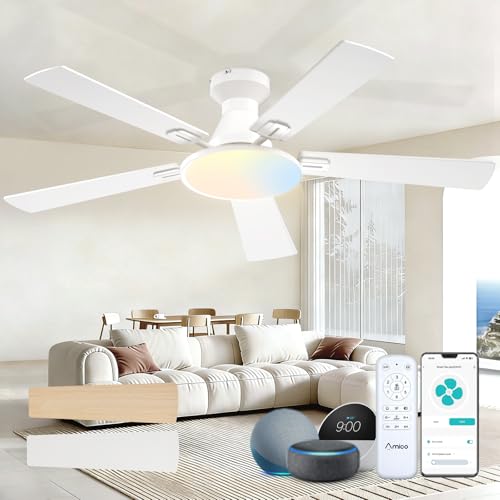 Image of Amico Ceiling Fans with Lights, 52 inch Smart Ceiling Fan with Remote /APP /Alexa Control, Flush Mount, Reversible DC Motor, 5 Blades, 6 Speeds, 3CCT, Dimmable, Noiseless, Bedroom, Living Room, White