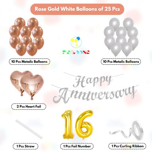 Image of Flyloons 16th Happy Anniversary Decoration Items Rose Gold White for Men Women Husband Wife Mom Dad Parent Couple Home Bedroom Car With 20 Pcs Metallic Balloons Anniversary Banner 2 Pcs Heart Set Kit