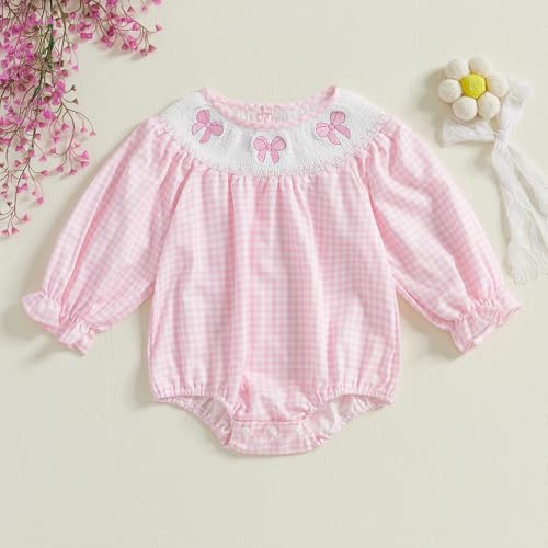 Newborn Infant Baby Girl Bubble Romper Bow Embroidery Plaid Puff Long Sleeve Smocked Bodysuit Cute Fall Clothes2