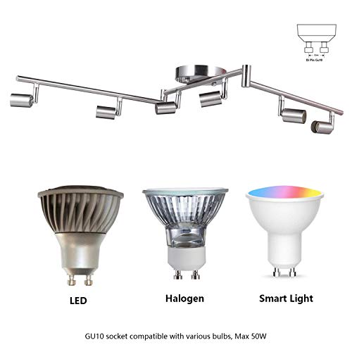 AIBOO 6-Light Adjustable Dimmable Track Lighting Kit, Flexible Foldable Arms,Satin Nickel Kitchen,Hallyway Bed Room Lighting Fixture, GU10 Base Bulbs not Included
