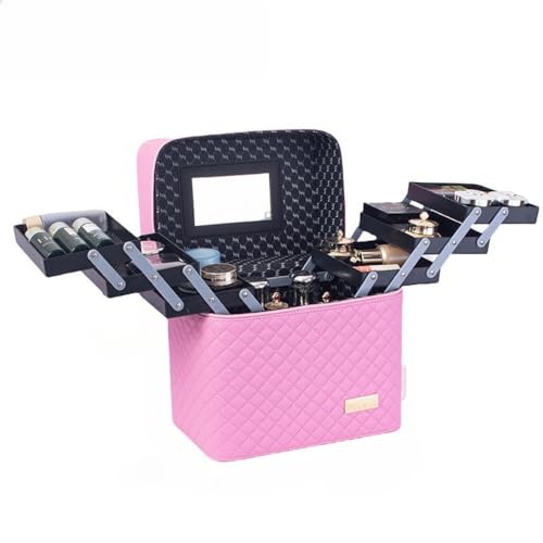 「Jiasemine」メイクボックス コスメボックス 大容量 化粧箱 収納ケース 小物入 ブラック ミラー付 (ピンク,28*18*27.5cm)