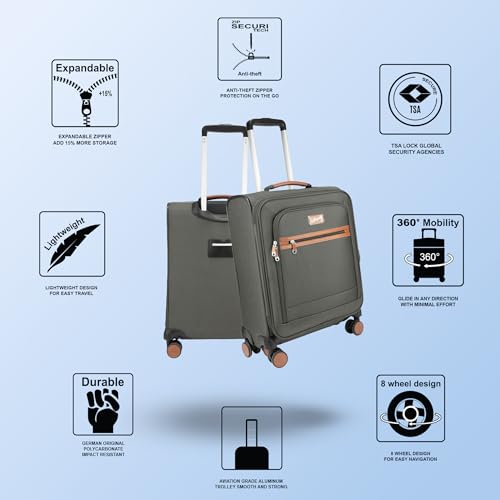 Image of F Gear Softair Small Cabin Soft Luggage | Lightweight Expandable Carry-On Trolley Bag with 360 Spinner Wheels, Silent 8-Wheel System, Built-in TSA Lock, Anti-Theft Zipper & Luggage Tag (Grey)