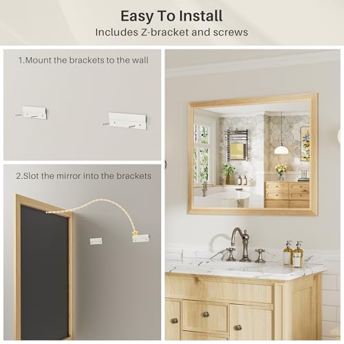 Image of 55x30 Inch Bathroom Mirror for Wall, Anti-Rust Oak Wood Grain Metal Framed Bathroom Mirrors for Over Sink,Rectangler Mirrors for Bathroom Vanity, Farmhouse, Bedroom, Living Room, Entryway Decor