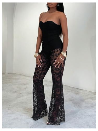 GORGLITTER Women's Floral Mesh Lace Pants Sexy Sheer See Through Rave Going Out Trousers Y2k Grunge Bell Bottoms2