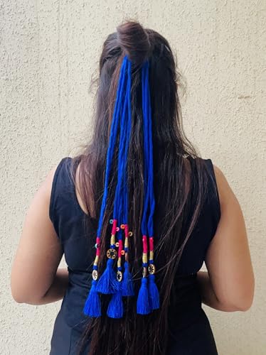 Image of Zippy Flora Neelima Parandi (Royal Blue) | Handmade Boho Parandi | Traditional Hair Accessory with Tassles & Shells | Hair Extension | Choti for Curly & Straight Hair | 22 Inches Length