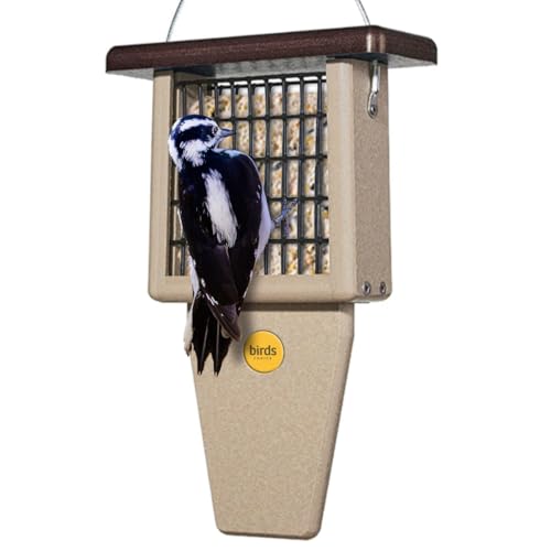 Birds Choice Suet Bird Feeder with Tail Prop, Holds 1 Suet Cake - Made from Durable Recycled Material, Taupe Base w/ Brown Roof, 8