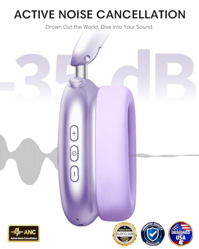 Image of Wentronic Y02 Active Noise Cancelling Headphones, Wireless Over-Ear Bluetooth 5.4 Headphones with Microphone, 60H Playtime, Hi-Res Audio, Big Bass, Foldable Lightweight for Travel Home Office, Purple