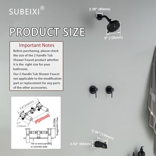 SUBEIXI 2 Handle Shower Faucet Set with Tub Spout Matte Black Two Handles Shower Faucet Set Bathtub Shower Faucet Combo, Wall Mount by SUBEIXI - Used condition - Image 7