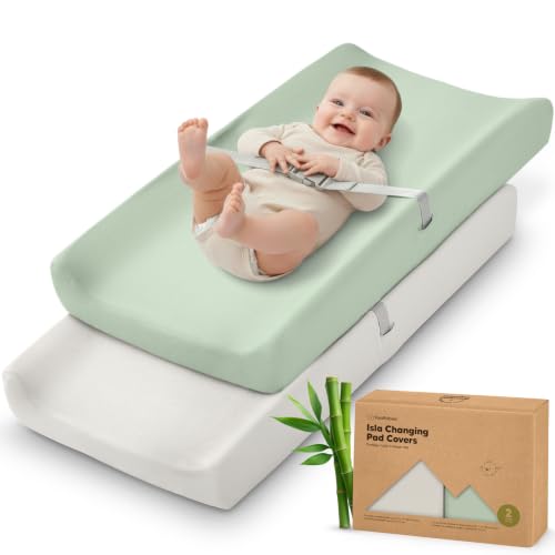 Image of 2-Pack Baby Changing Pad Cover for Girl, Boy, 34x18 (Sage) | Soft Viscose Derived from Bamboo Baby Diaper Changing Table Pad Cover Sheets, Neutral, Snug Fit Nursery Diaper Change Sheets
