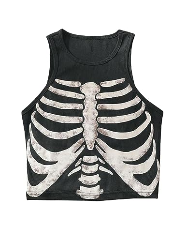 Meladyan Women Y2K Skeleton Graphic Print Aesthetic Crop Tank Top Sleeveless Ribbed Knit Grunge E-Girl Goth Cropped Vest Tops